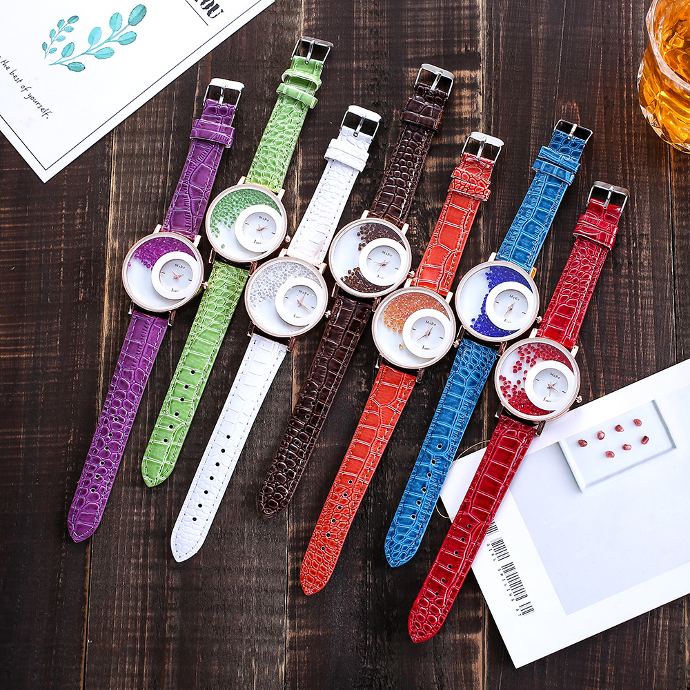 Aliexpress wish's best-selling flowing sand ball watch, a popular PU leather strap fashion quartz watch for women in Europe and America details Picture