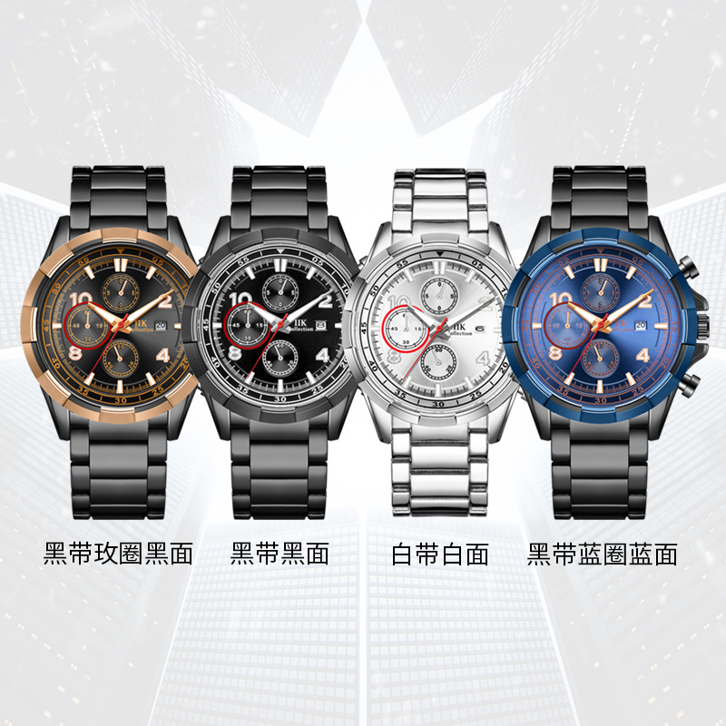 IIK1364 Calendar Men's Watch, new fake three-eye six-hand watch, men's casual quartz watch for men Item Picture