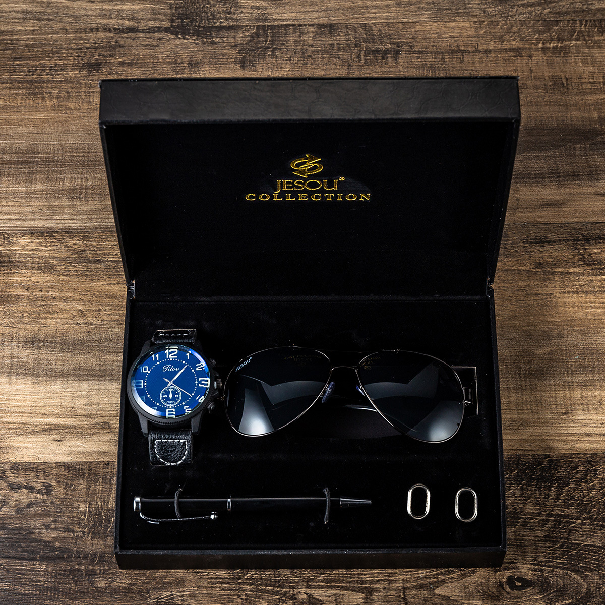 Men's gift set: Watch + sunglasses and pen set. Fashionable and trendy set: watch and sunglasses gift box Specification image