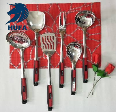 Red solid wood handle stainless steel spatula, kitchenware, soup spoon, large strainer, thickened anti-scald and heat-insulating kitchenware set, spatula