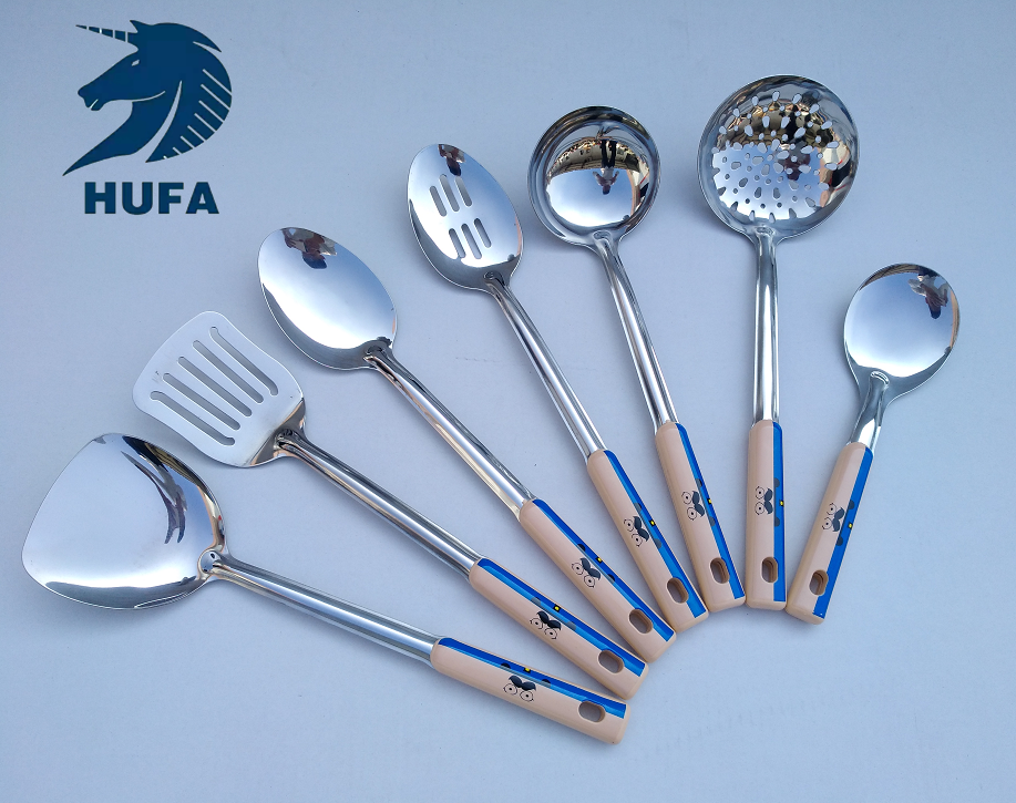 Stainless steel spatula and spoon set, anti-heat handle, household kitchen cooking utensils six-piece set, cooking spoons and spatulas, stainless steel soup spoons, pot spatulas, strainers, rice spoons, frying spatulas, kitchenware and kitchen utensils