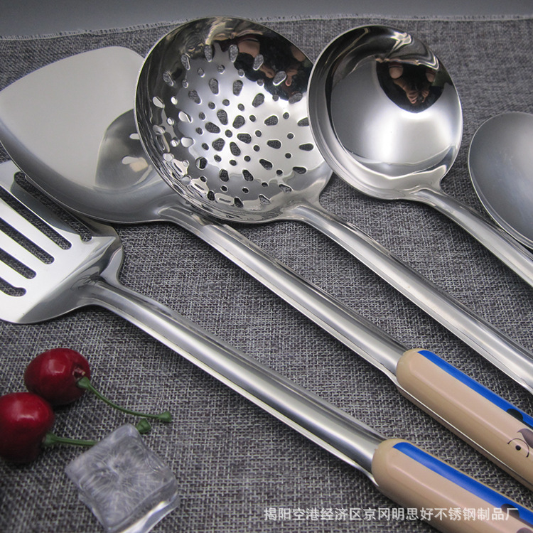 Stainless steel spatula and spoon set, anti-heat handle, household kitchen cooking utensils six-piece set, cooking spoons and spatulas, stainless steel soup spoons, pot spatulas, strainers, rice spoons, frying spatulas, kitchenware and kitchen utensils Specification image