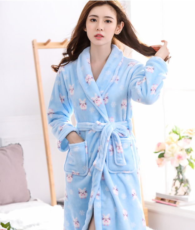 Flannel bathrobe women's plus size long nightgown Morning gown nightgown coral velvet pajamas men's fall winter bathrobe