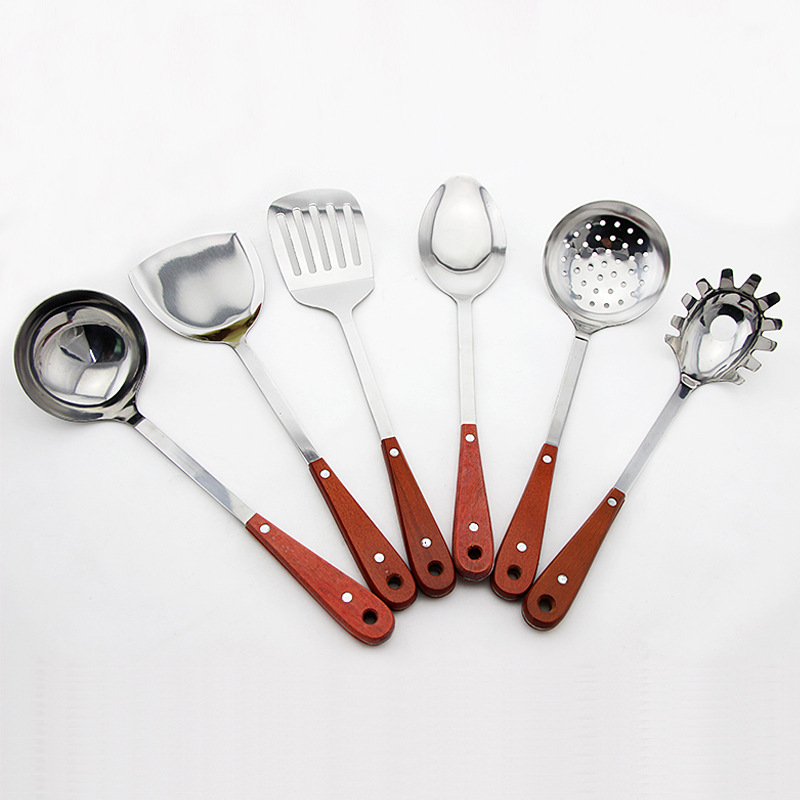 7-piece set of stainless steel kitchenware with wooden handles, 7-piece set of domestic redwood long-tongue spatula, stainless steel kitchenware, cooking spoons, spatulas, strainers, soup spoons, kitchen tools and kitchenware sets details Picture