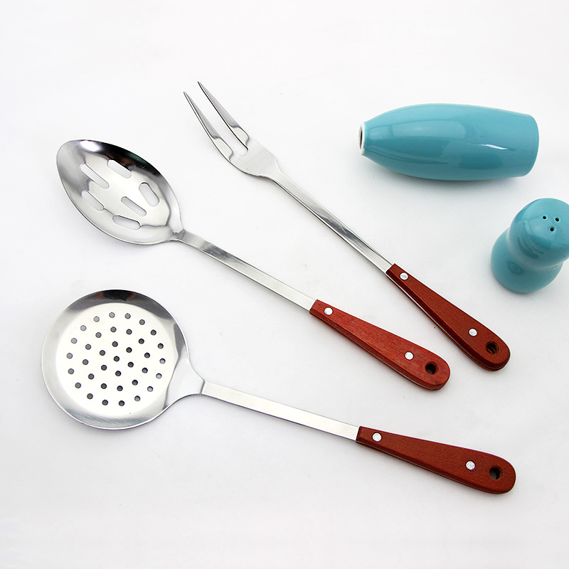 7-piece set of stainless steel kitchenware with wooden handles, 7-piece set of domestic redwood long-tongue spatula, stainless steel kitchenware, cooking spoons, spatulas, strainers, soup spoons, kitchen tools and kitchenware sets Specification image