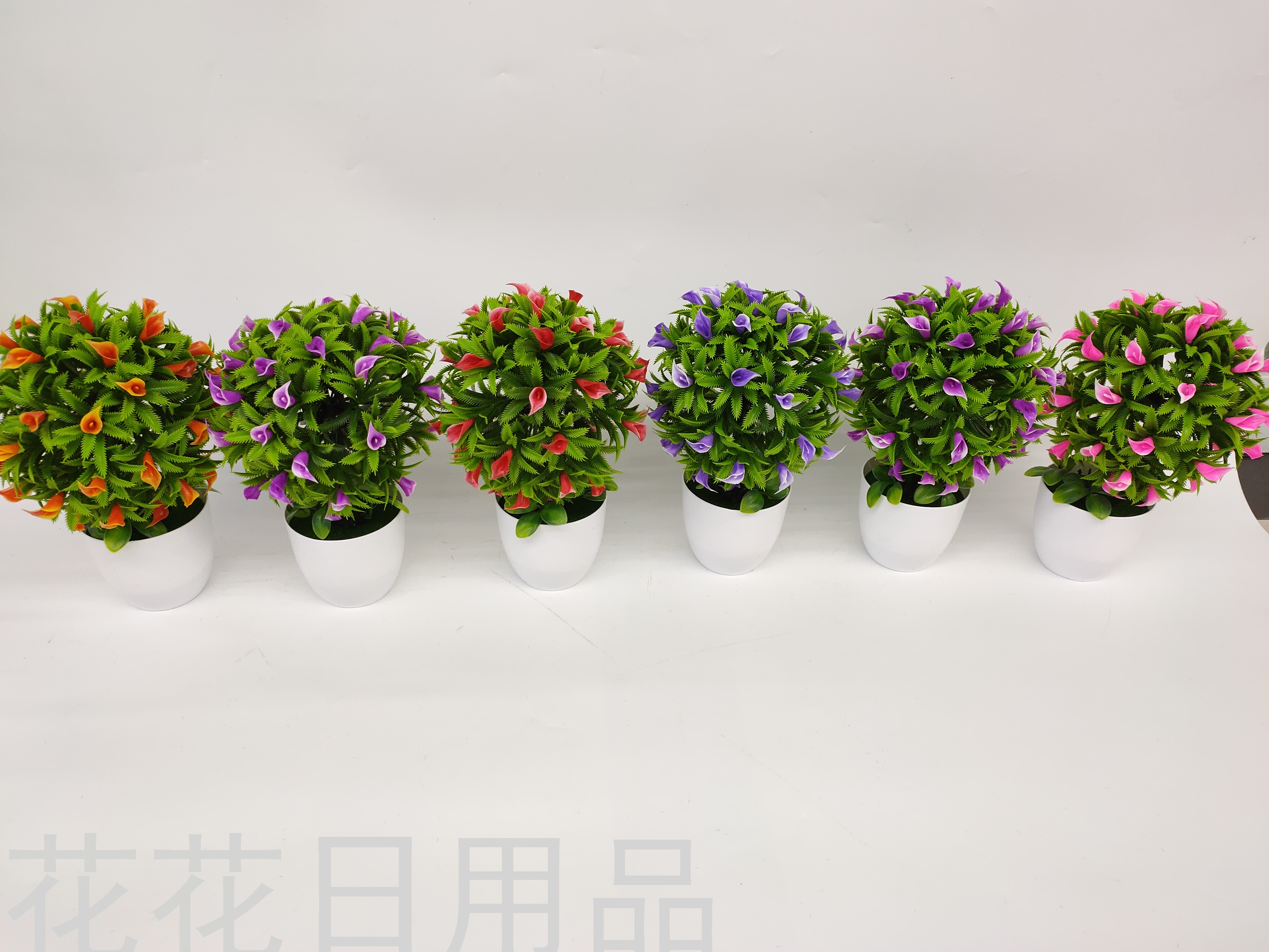 新款仿真花白色盆三叉树迎客松玫瑰花盆景塑料假花