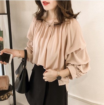 New Korean-style stylish one-shoulder chiffon blouse for women, loose bubble top, slimming solid color base Specification image