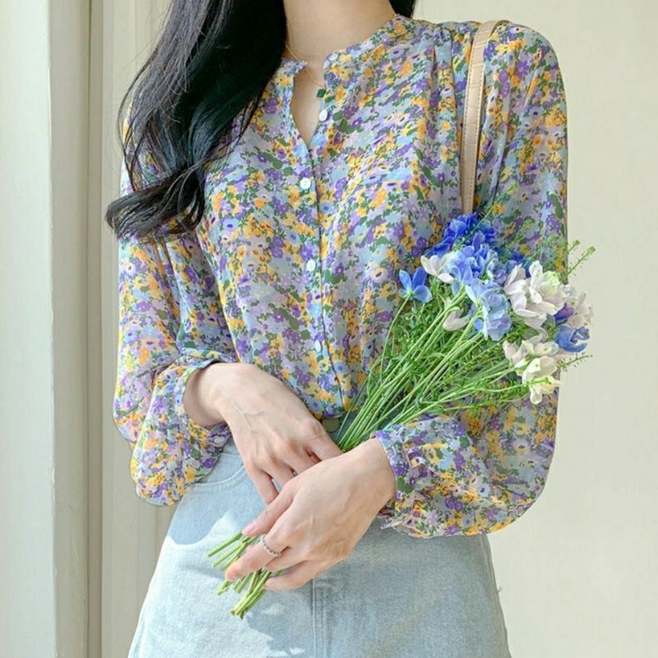 2021 Korean-style floral chiffon shirt for women, new design sense, long-sleeved printed stylish top, sweet little blouse Specification image