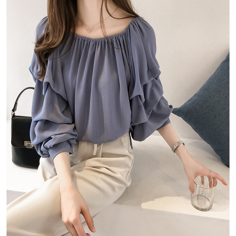 New Korean-style stylish one-shoulder chiffon blouse for women, loose bubble top, slimming solid color base details Picture