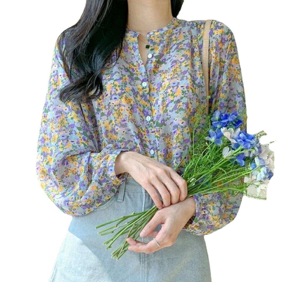 2021 Korean-style floral chiffon shirt for women, new design sense, long-sleeved printed stylish top, sweet little blouse Item Picture