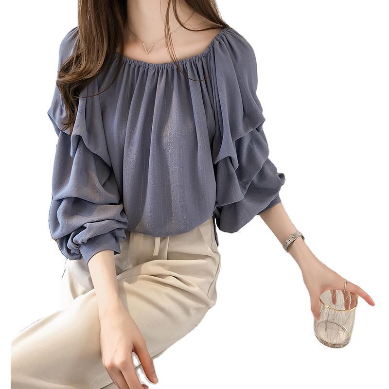 New Korean-style stylish one-shoulder chiffon blouse for women, loose bubble top, slimming solid color base Item Picture