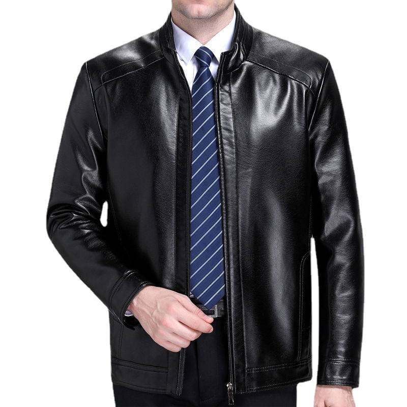 Men's coat Spring and Autumn stand collar leather coat Men's thin PU leather jacket Middle-aged men's leather jacket middle-aged men's coat