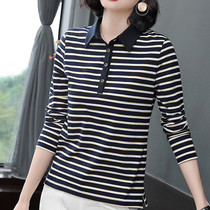Middle-aged and elderly women's spring and autumn women's striped T shirt women's bottom shirt lapel long sleeve T shirt women's clothes