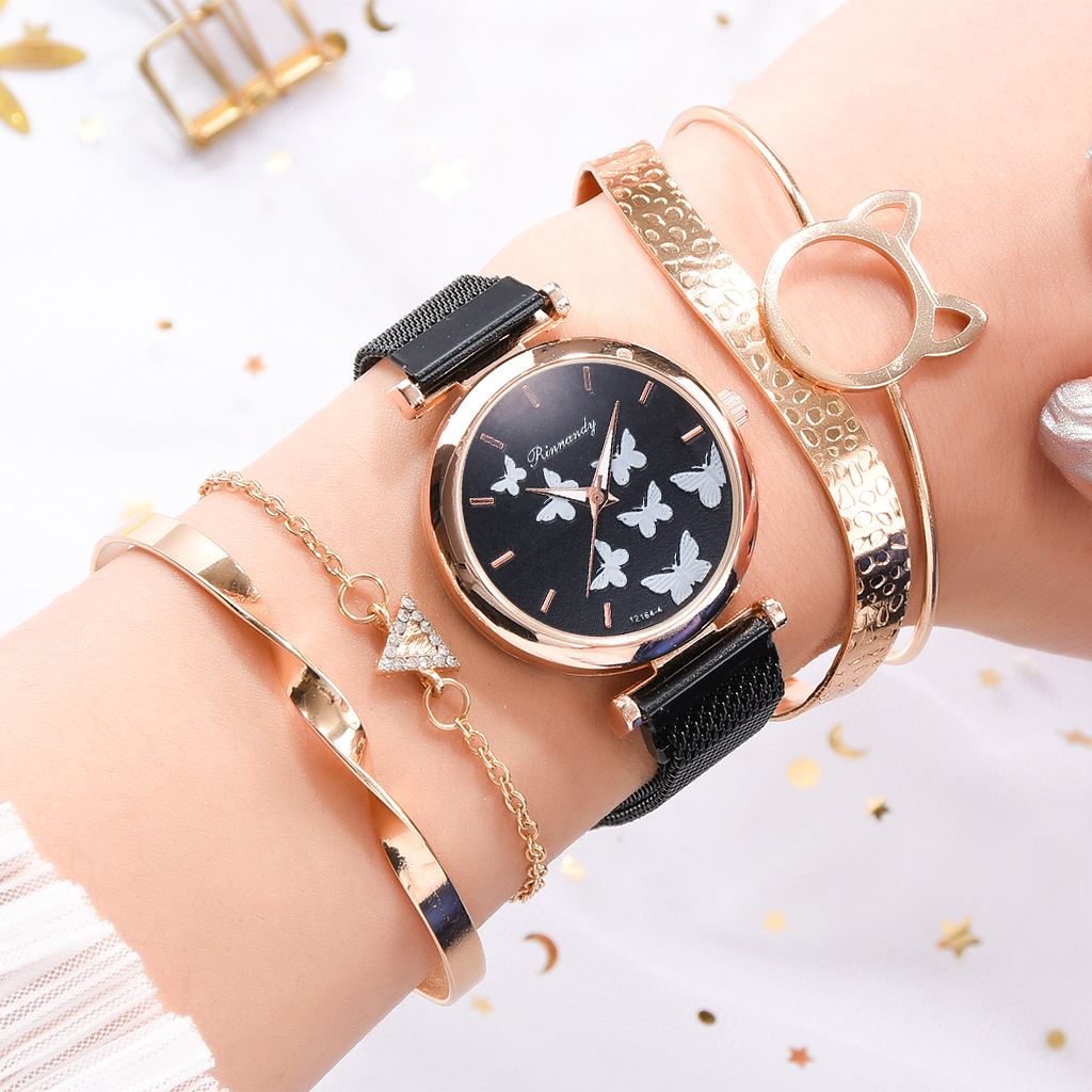 Christmas gift watch set: Women's alloy mesh strap butterfly dial quartz watch with magnetic buckle wristwatch Specification image