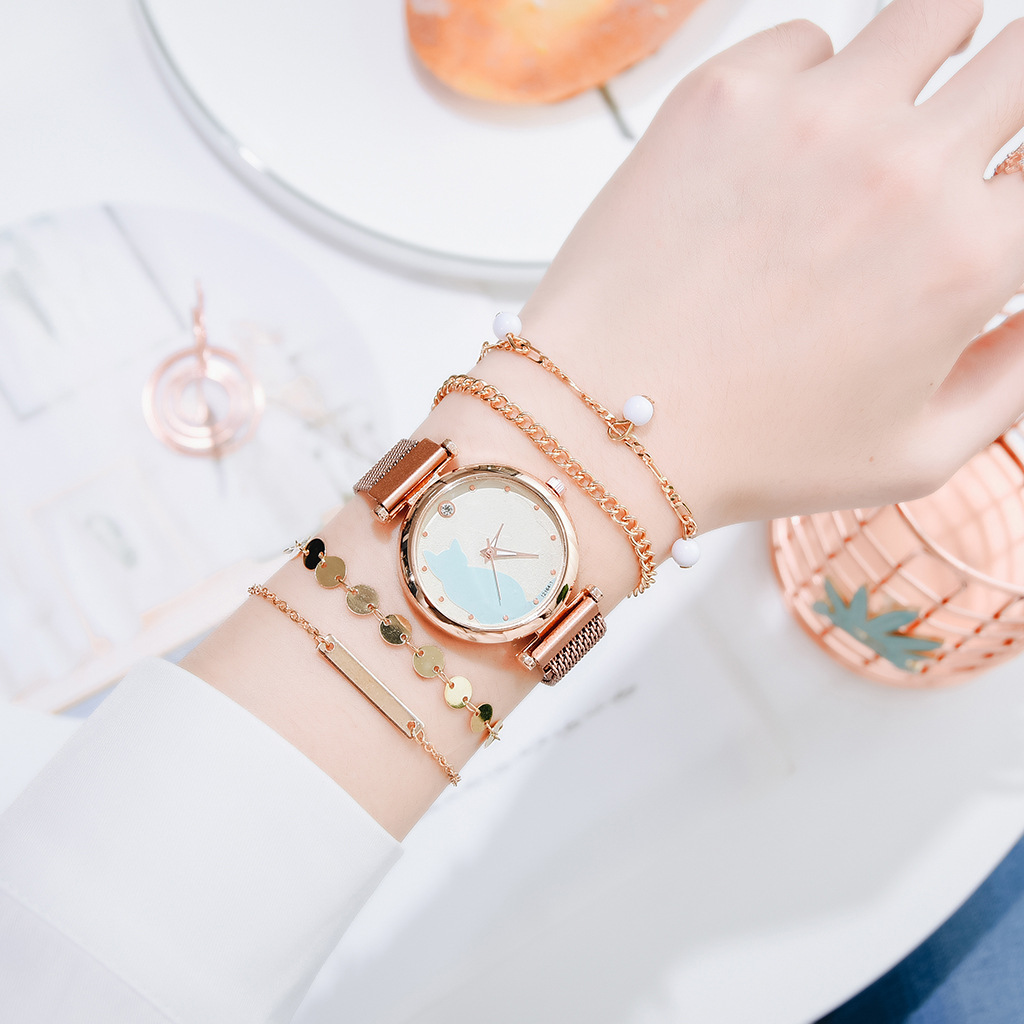 Quartz watch set, cat watch, ins new women's quartz watch, women's cat watch, bracelet, quartz watch set, fashionable Specification image