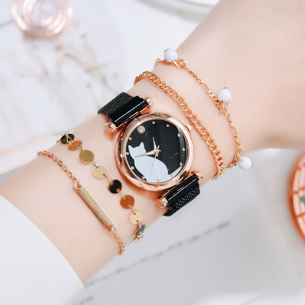 Quartz watch set, cat watch, ins new women's quartz watch, women's cat watch, bracelet, quartz watch set, fashionable