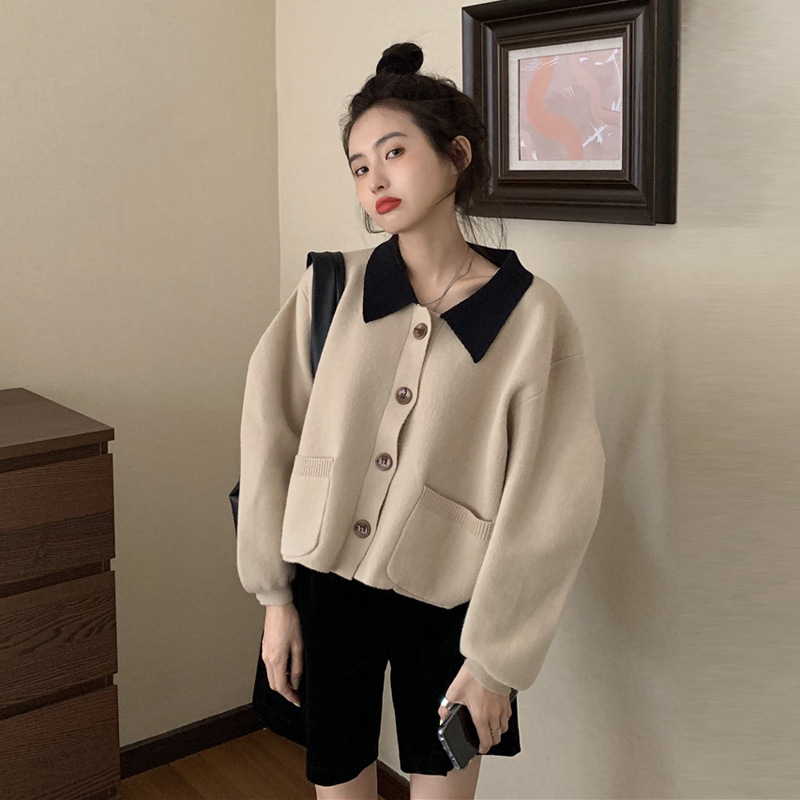 法式撞色翻领针织衫女2021秋冬新款复古宽松短款女装外搭秋装上衣