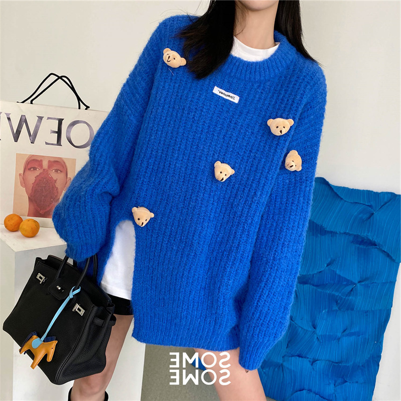 Sweater women's outerwear Women's 2021 Spring/Autumn new top laid-back style Loose split bear knitted sweater women's round neck details Picture