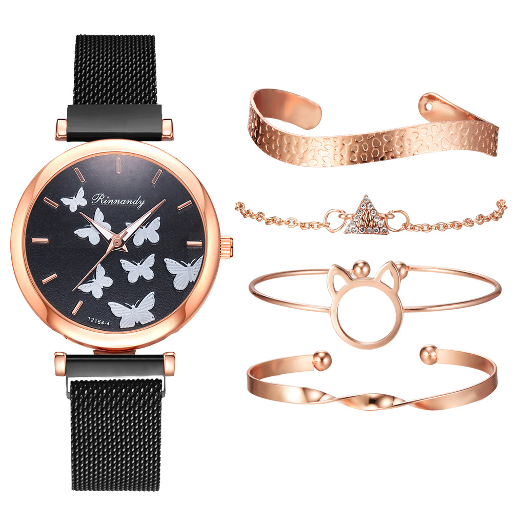 Christmas gift watch set: Women's alloy mesh strap butterfly dial quartz watch with magnetic buckle wristwatch Item Picture