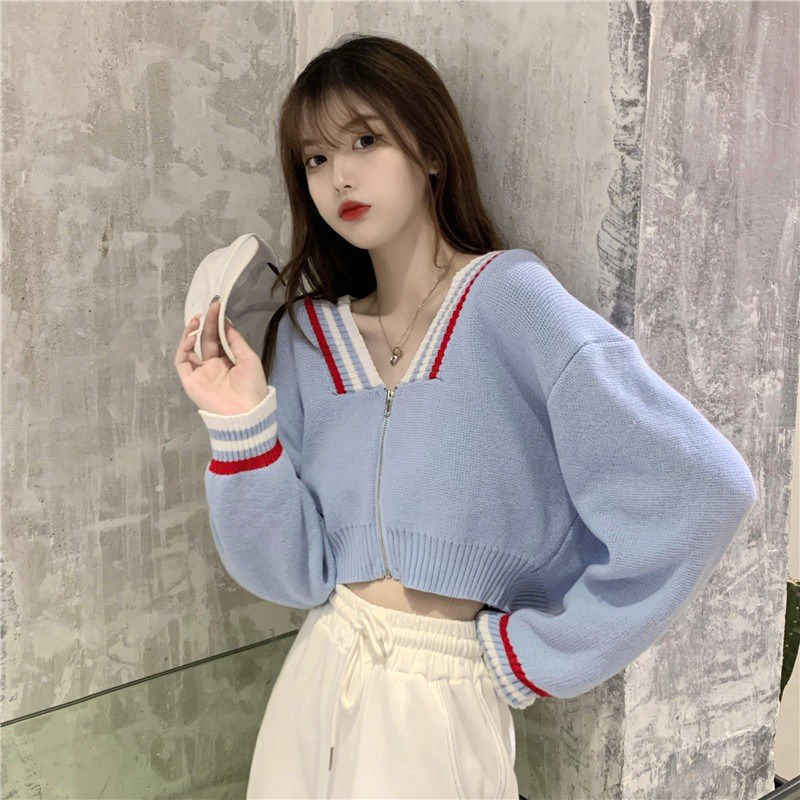 The sweater women's 2021 autumn new contrasting color top is paired with a cardigan and a loose, college-style short zippered knitted coat Specification image