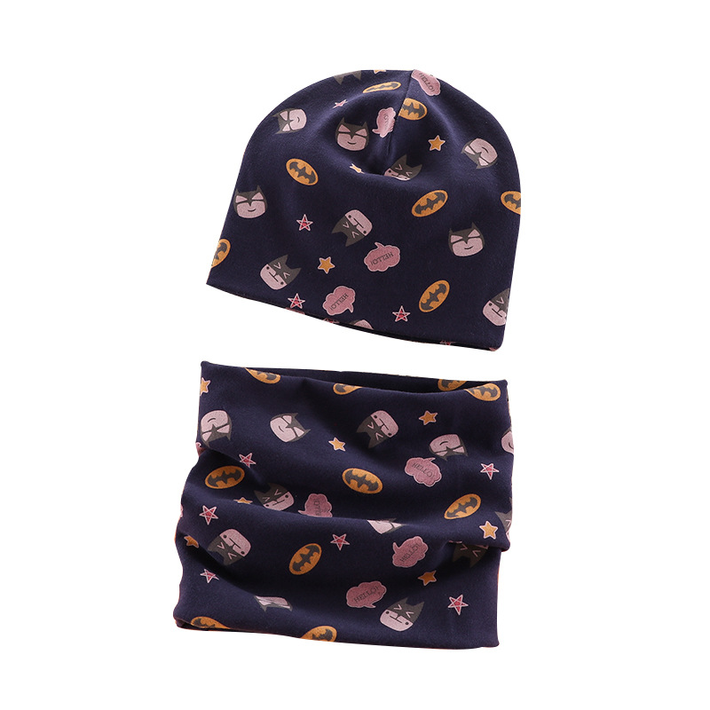 New baby hat set, warm combed cotton, wholesale for export, printed children's cartoon scarf hat set Application Scenario