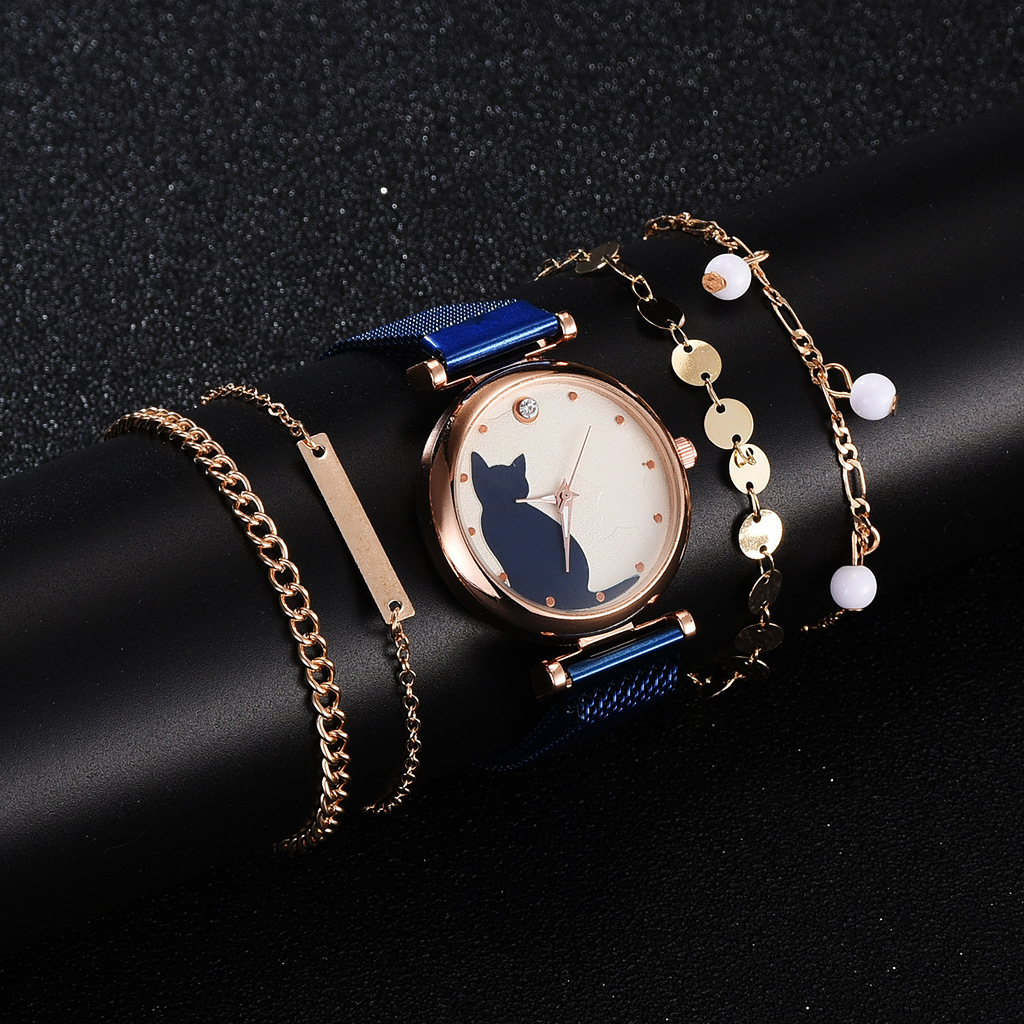 Quartz watch set, cat watch, ins new women's quartz watch, women's cat watch, bracelet, quartz watch set, fashionable details Picture