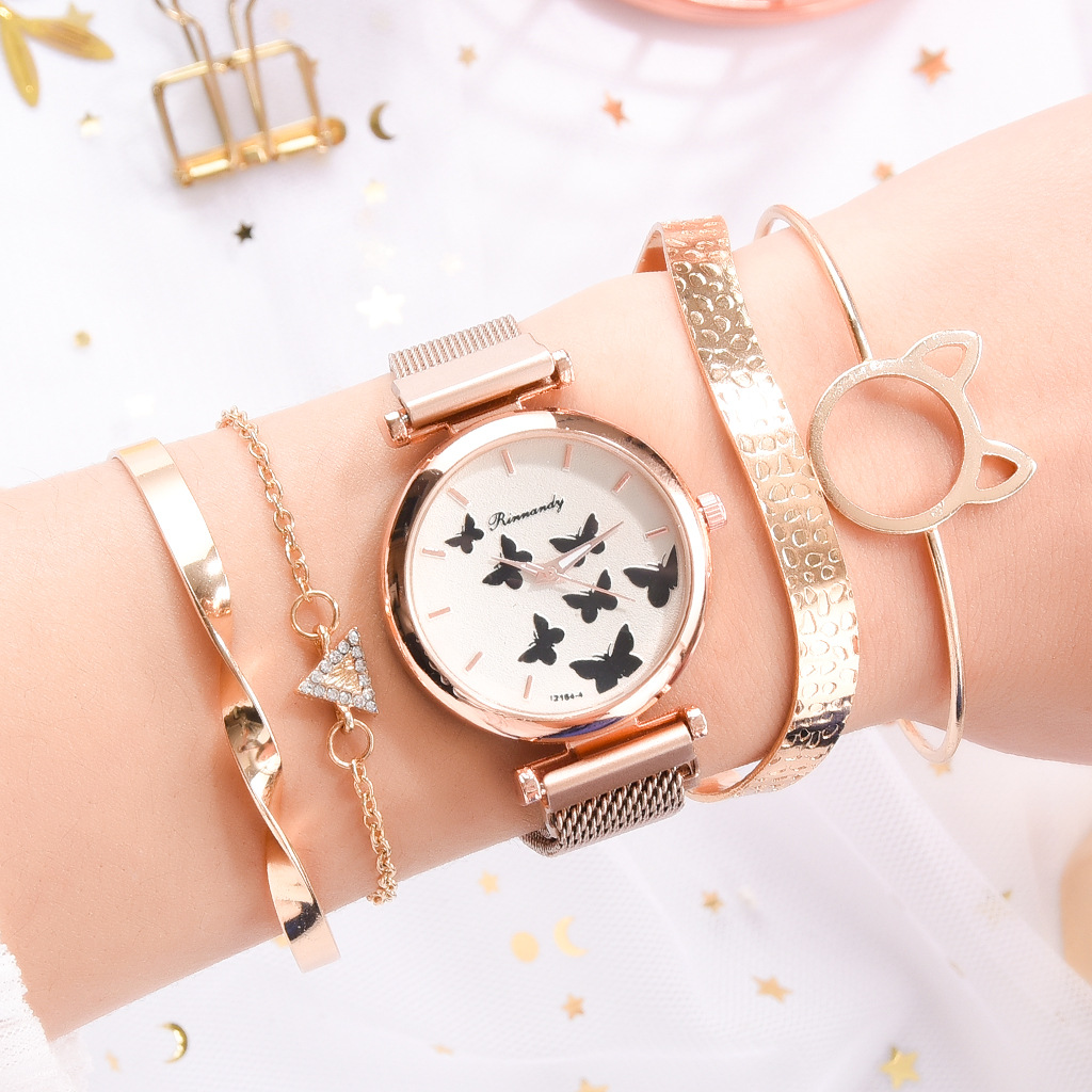 Christmas gift watch set: Women's alloy mesh strap butterfly dial quartz watch with magnetic buckle wristwatch