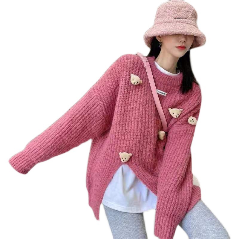 Sweater women's outerwear Women's 2021 Spring/Autumn new top laid-back style Loose split bear knitted sweater women's round neck Item Picture