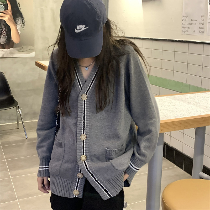 学院风JK制服软妹毛衣针织开衫秋冬新款学生撞色外穿日系条纹外套