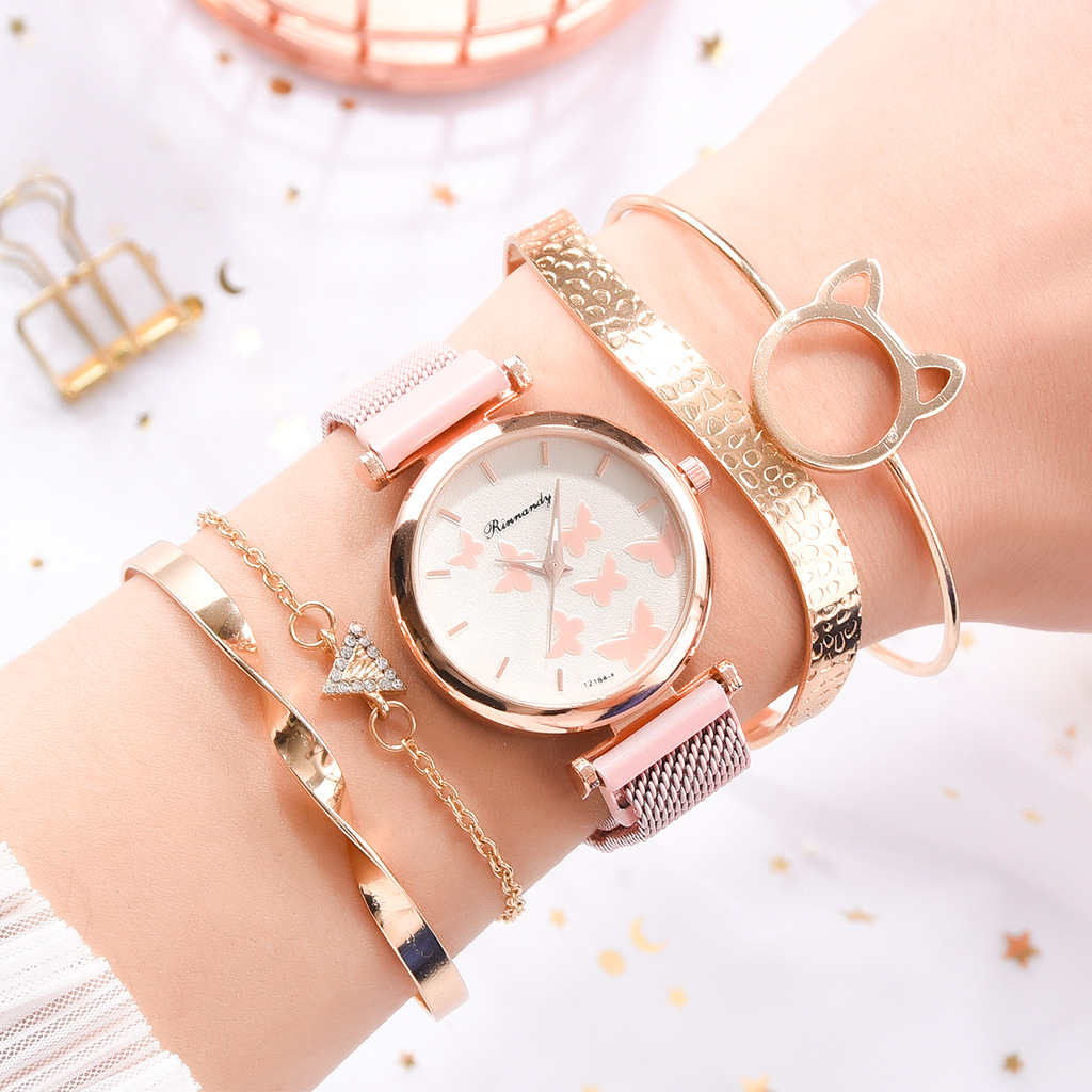 Christmas gift watch set: Women's alloy mesh strap butterfly dial quartz watch with magnetic buckle wristwatch details Picture