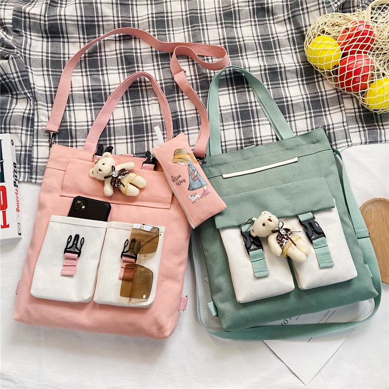 Canvas bag, girls' schoolbag, single-shoulder crossbody handbag, new multi-functional student book bag, double-shoulder schoolbag, after-school bag details Picture