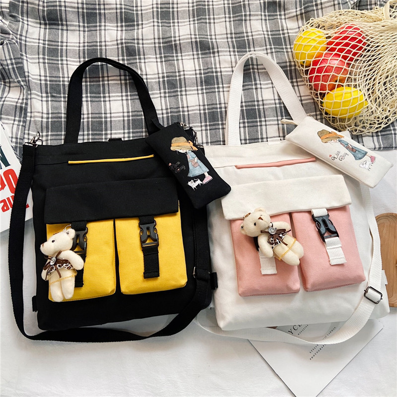 Canvas bag, girls' schoolbag, single-shoulder crossbody handbag, new multi-functional student book bag, double-shoulder schoolbag, after-school bag