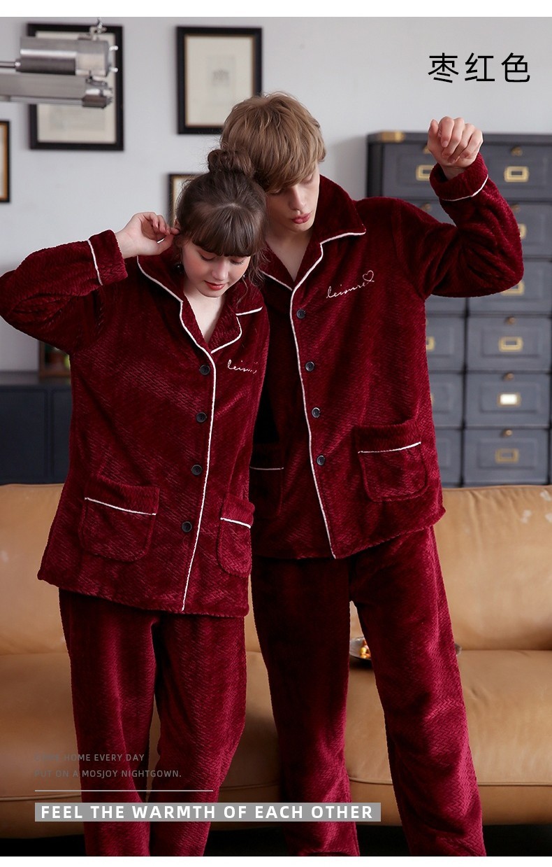 Winter coral fleece autumn and winter pajamas with fleece and thickening, cute flannel for warmth, long-sleeved for couples, women and men details Picture