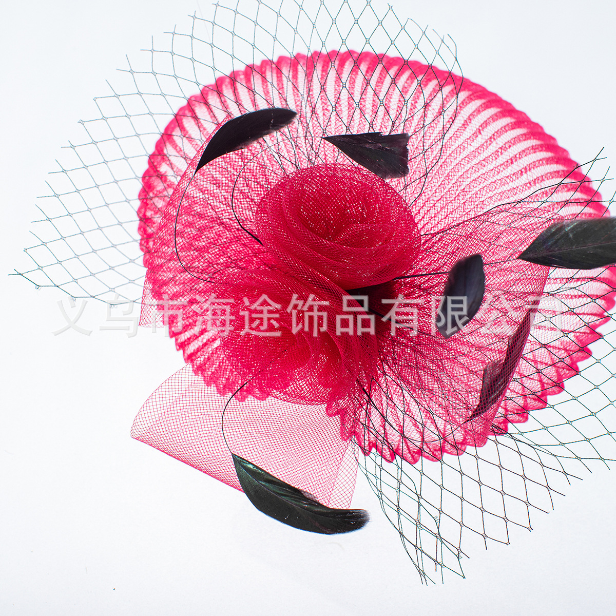 Amazon cross-border rose red face mask, gauze, feather top hat, women's dance, dinner, elegant style, hair accessory, small top hat Specification image