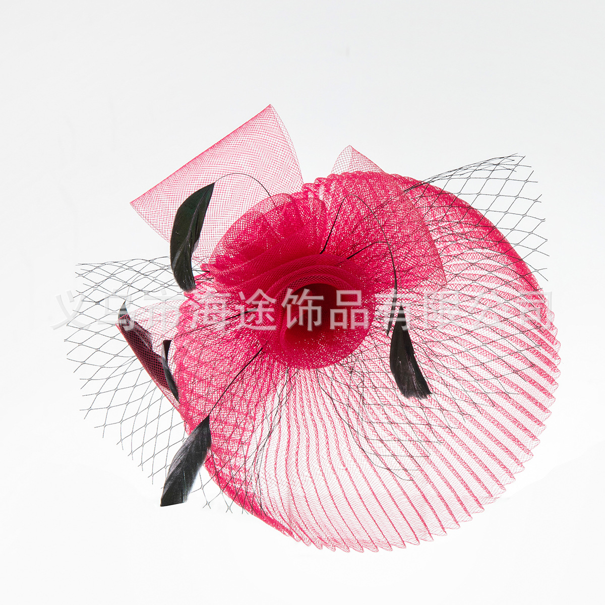 Amazon cross-border rose red face mask, gauze, feather top hat, women's dance, dinner, elegant style, hair accessory, small top hat details Picture