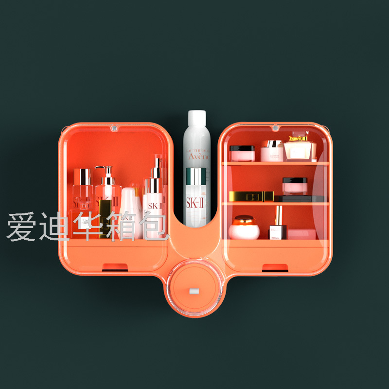 Cosmetic storage box, wall-mounted, non-drilling, dust-proof, large-capacity household bathroom wall-mounted, bathroom storage rack Application Scenario