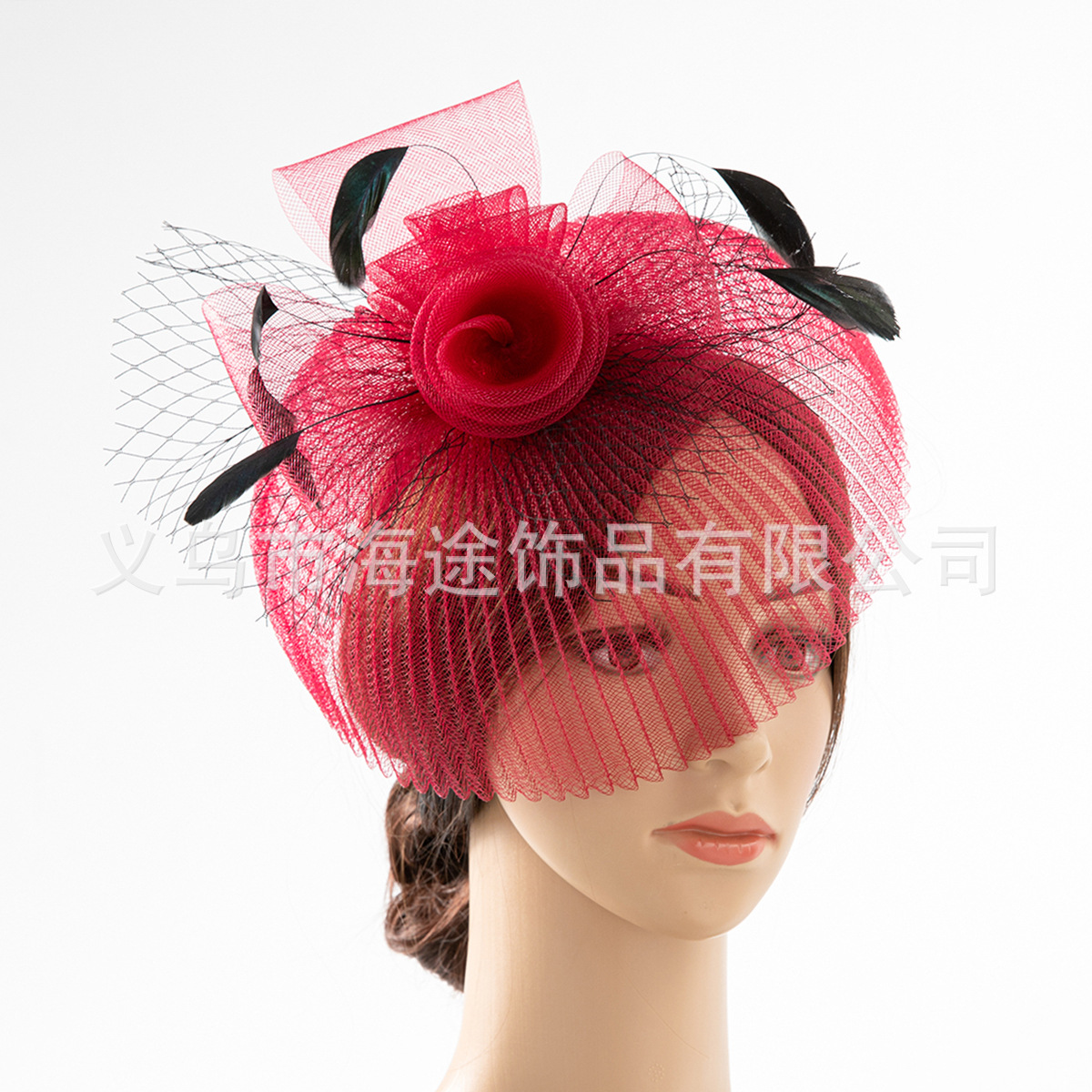 Amazon cross-border rose red face mask, gauze, feather top hat, women's dance, dinner, elegant style, hair accessory, small top hat Item Picture