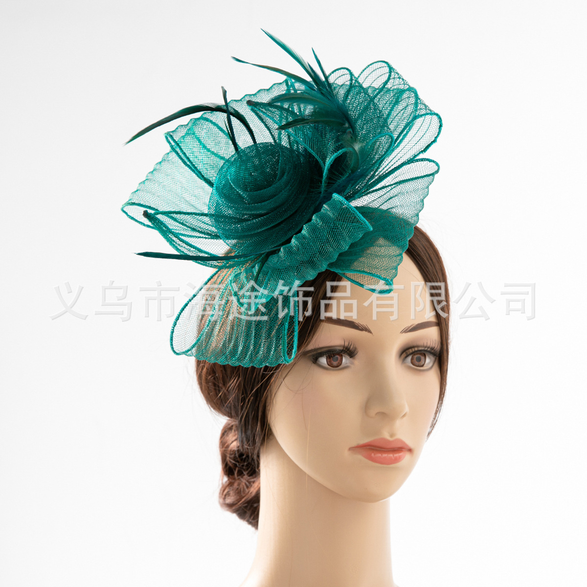 Amazon's new dark green feather mesh headband, ins flower fashion show hair accessory, photo props, headwear and gauze hat