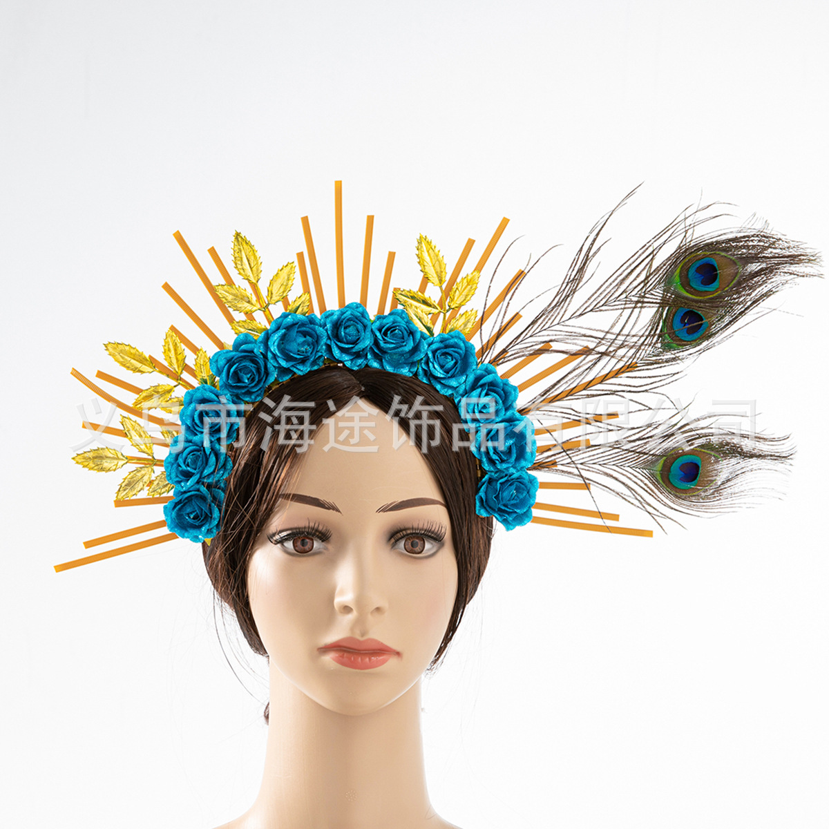 Wholesale of elegant blue gold leaf rose crown headbands and Virgin Mary halo headwear for cross-border fashion from Europe and America