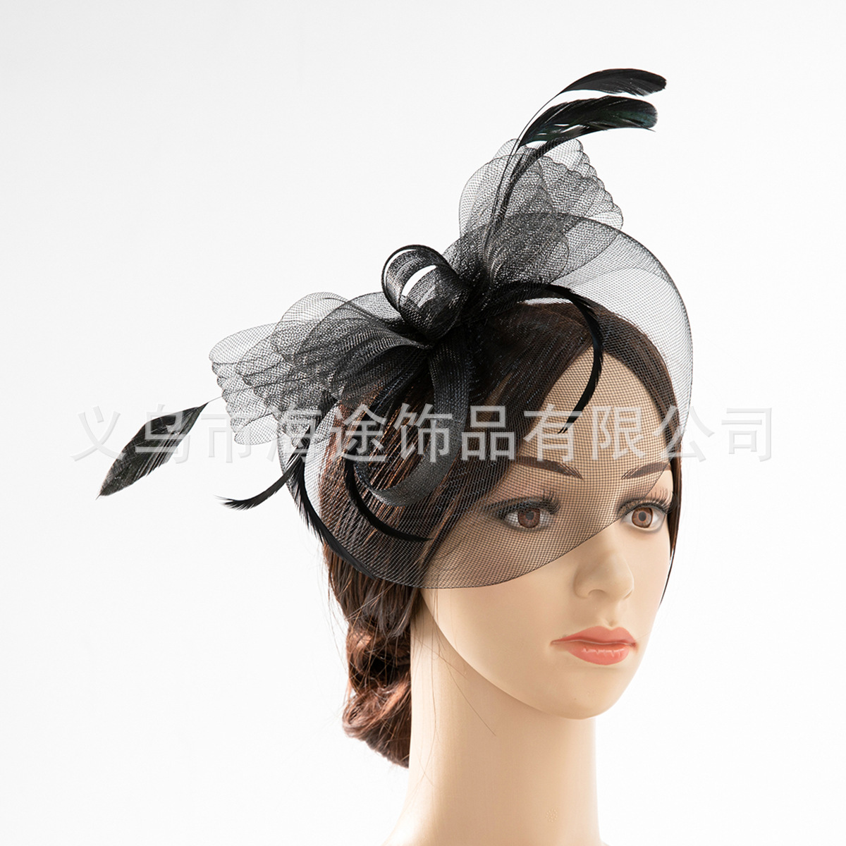 European and American cross-border black feather face covering mesh top hat, elegant and retro party headwear, banquet bride's hair accessory