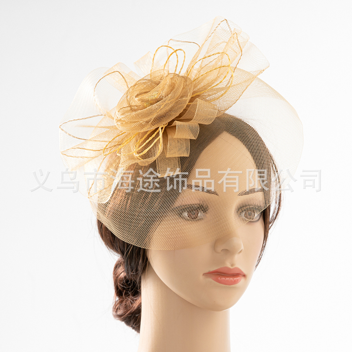 Wholesale of popular European and American fashion ginger yellow flower-patterned net top hats for women's parties, bars and performances
