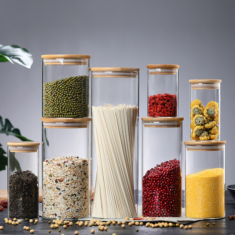 High borosilicate glass tea canister dry fruit multigrain storage canister Glass canister bamboo cover glass sealed canister kitchen storage