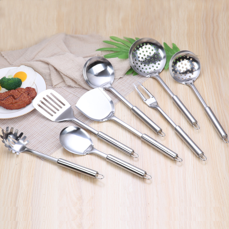 Stainless steel cooking spoons and spatulas, household pot spatulas with thickened round tube handles, kitchenware and kitchen utensils eight-piece set manufacturer wholesale details Picture