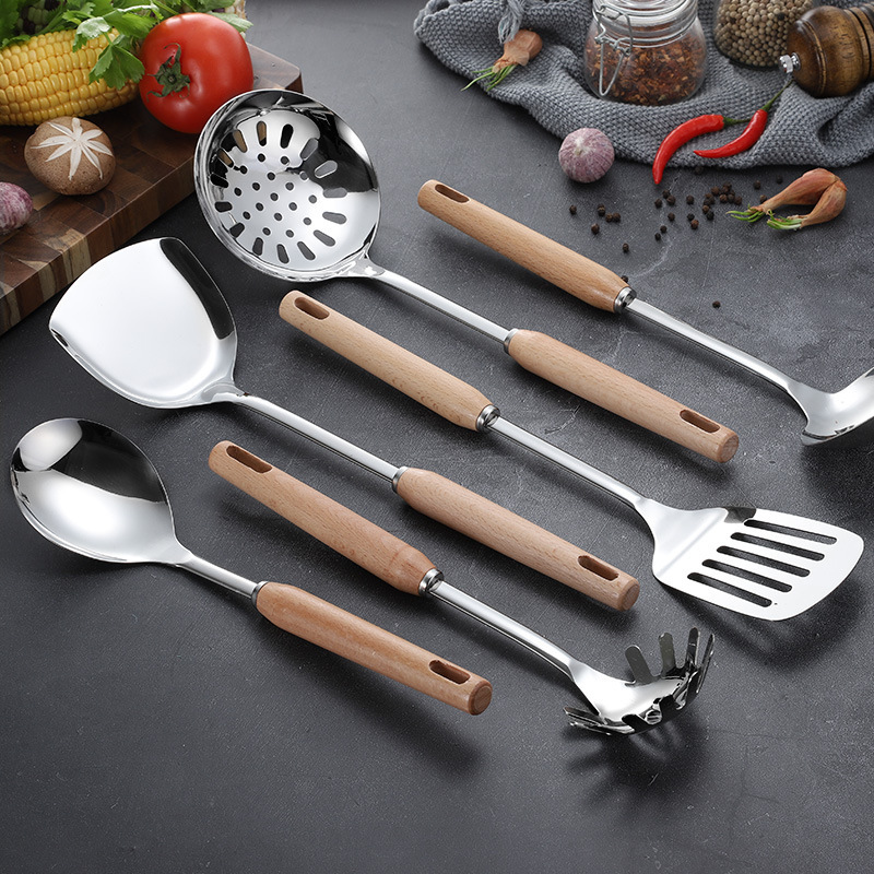 Stainless steel kitchenware six-piece set, spatula, strainer, household kitchenware set, heat-resistant wooden handle spatula, cooking tools Specification image