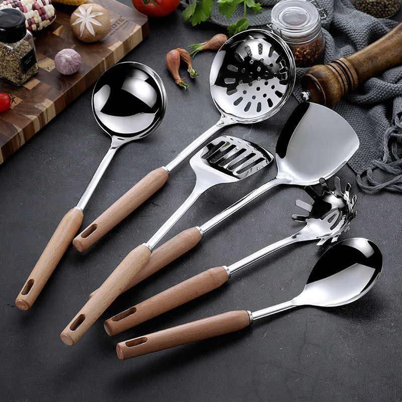 Stainless steel kitchenware six-piece set, spatula, strainer, household kitchenware set, heat-resistant wooden handle spatula, cooking tools details Picture
