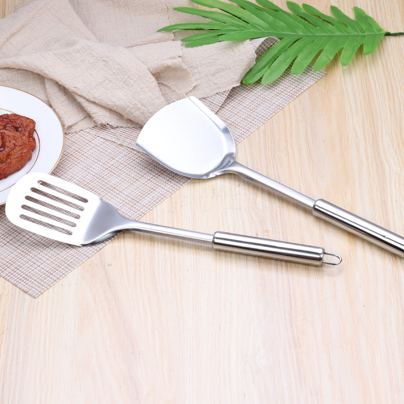 Stainless steel cooking spoons and spatulas, household pot spatulas with thickened round tube handles, kitchenware and kitchen utensils eight-piece set manufacturer wholesale Application Scenario