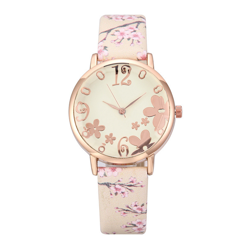 Manufacturer's flower women's fashion watch, alloy case leather plum blossom watch details Picture