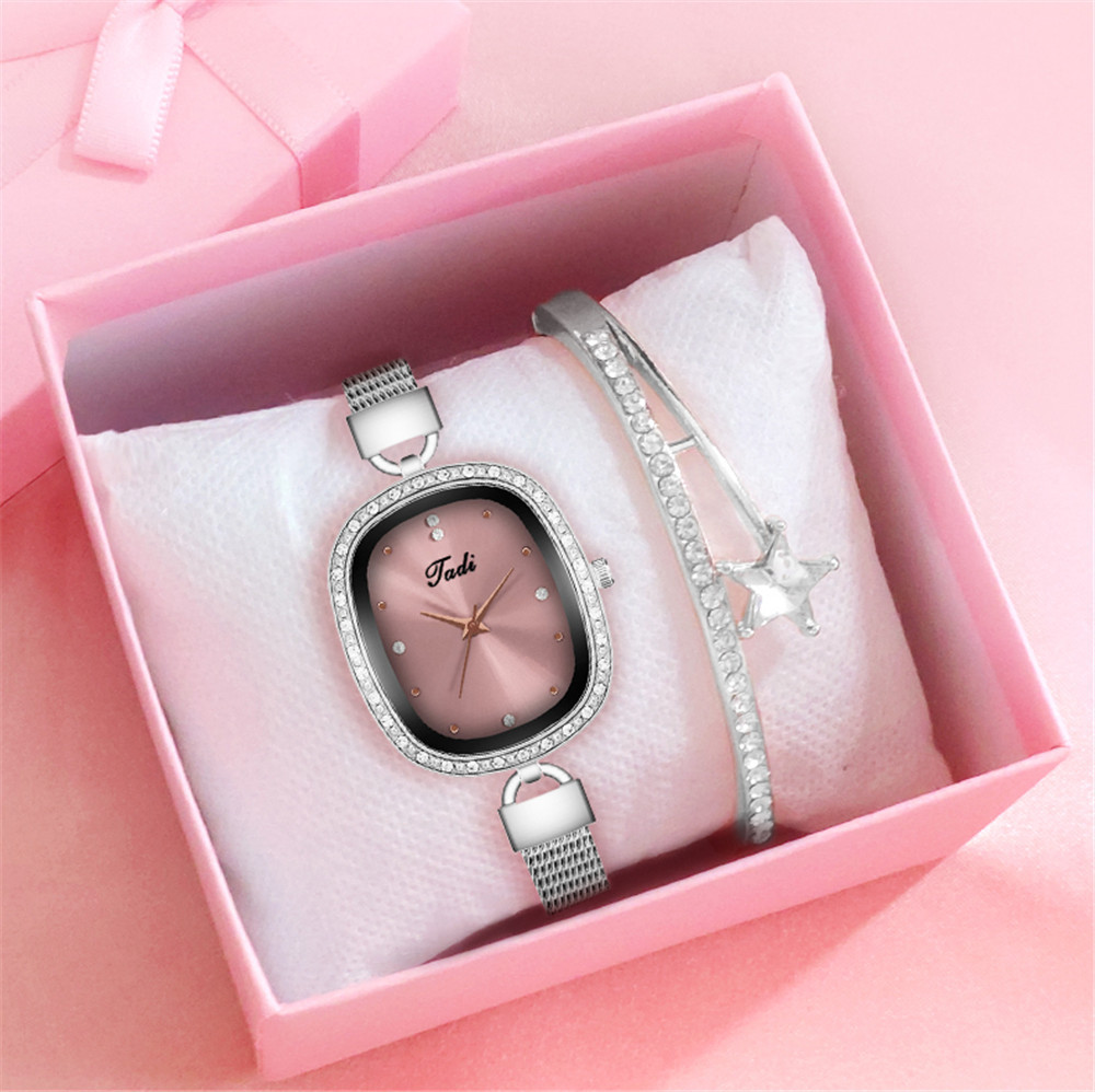 A cross-border platform is selling a set of small, simple and exquisite diamond-encrusted oval silver mesh strap watch bracelets for women Application Scenario