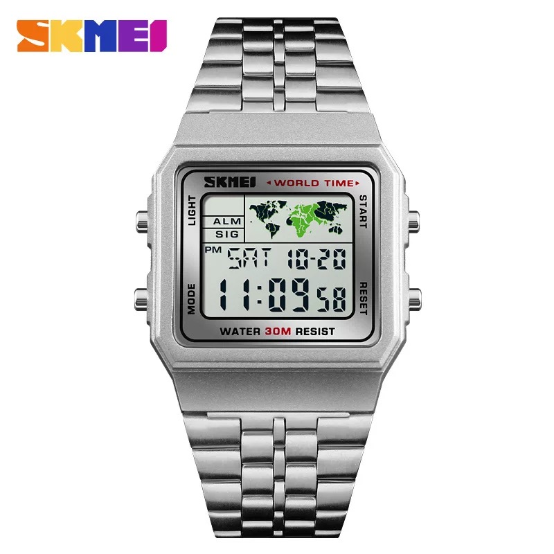 SKMEI新款商务时尚方形电子表 秒表倒计时世界时间多功能钢带手表详情图4