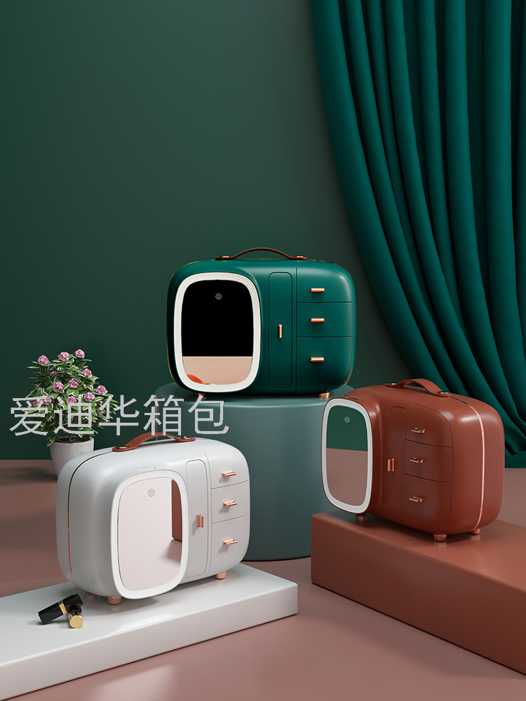 网红LED化妆品收纳盒防尘带镜子首饰家用大容量桌面护肤品置物架